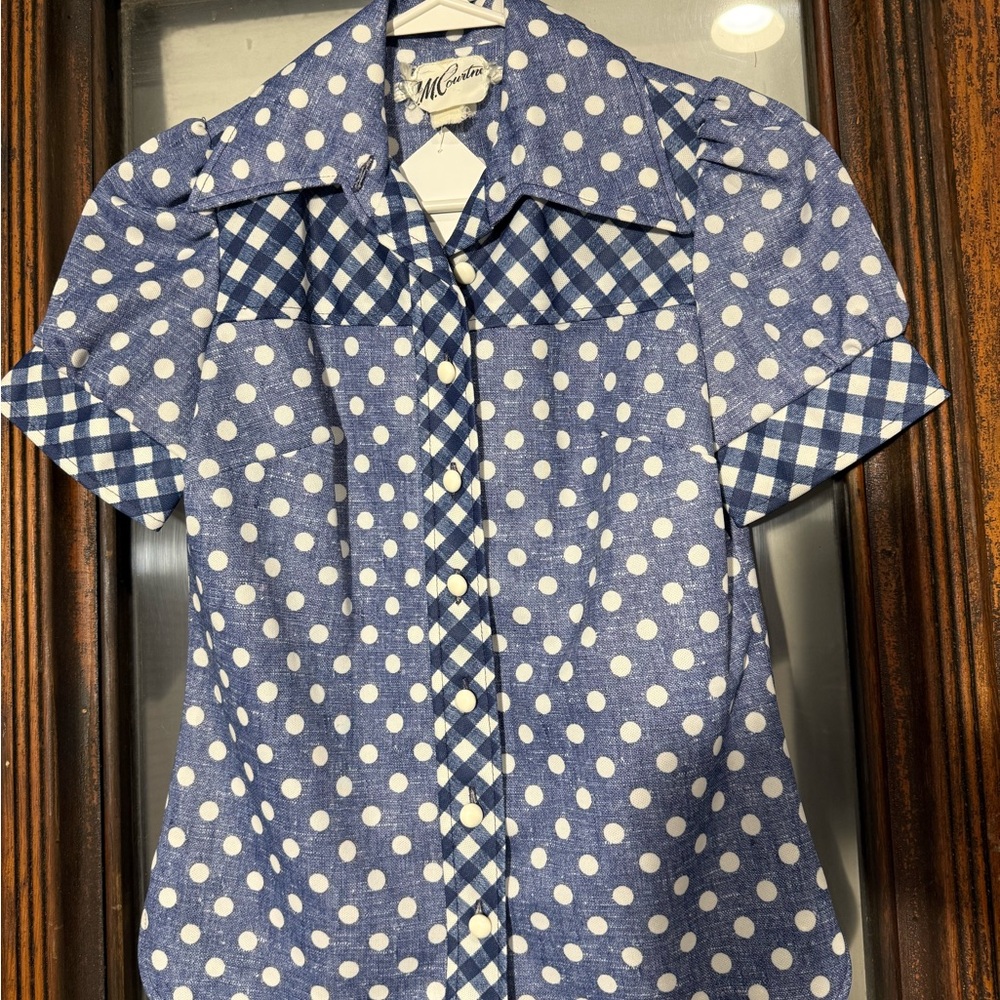 70s vintage poly Blue Polka Dot Button Down Shirt